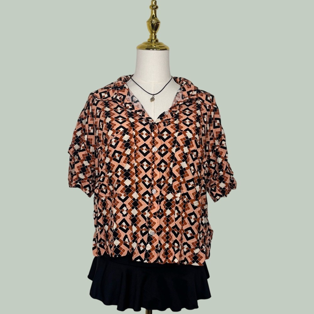 nina parker plus short blouse rayon button front crop top M205 orange red black